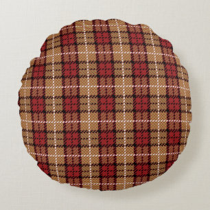 Pixel Plaid in Red and Gold Round Cushion
