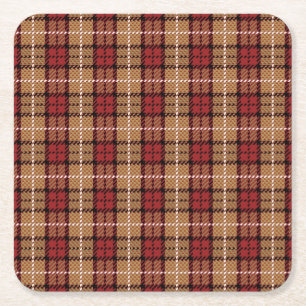 Pixel Plaid in Red and Gold Square Paper Coaster