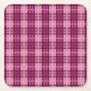Pixel Plaid_Magenta-Black Square Paper Coaster