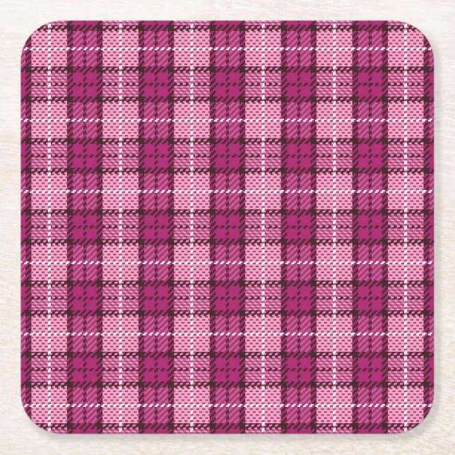 Pixel Plaid_Magenta-Black Square Paper Coaster (Front)