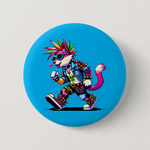 Pixel Punk Cat - 8-Bit Heart & Retro Style 6 Cm Round Badge