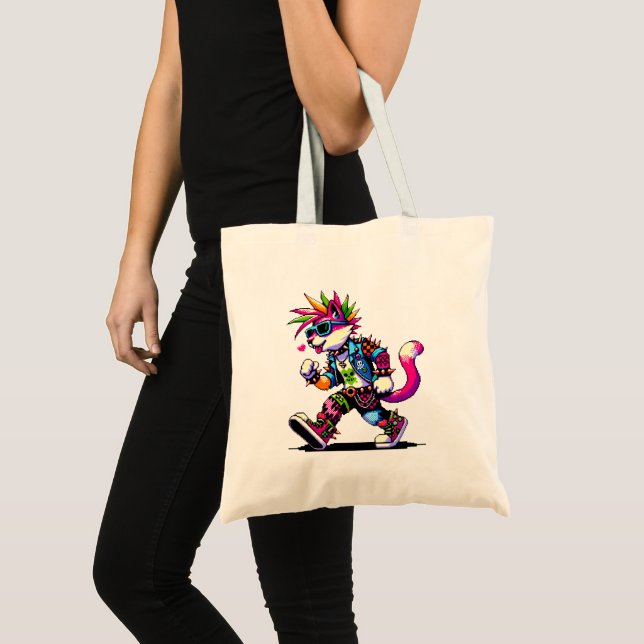 Pixel Punk Cat - 8-Bit Heart & Retro Style Tote Bag (Front (Product))