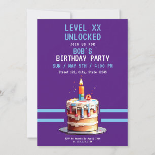 Pixel Purple & Blue Cake Gaming Birthday Invitation