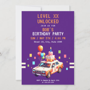 Pixel Purple & Orange Car Gaming Birthday Invitation