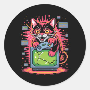 Pixel Rage Cat Retro Gamer Glitch In 8-bit Style 1 Classic Round Sticker