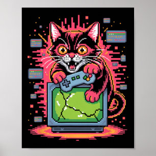 Pixel Rage Cat Retro Gamer Glitch In 8-bit Style 1 Poster