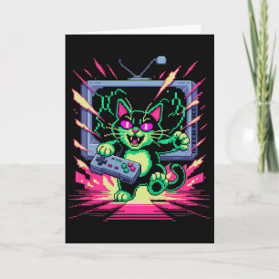 Pixel Rage Cat Retro Gamer Glitch In 8-bit Style  Card