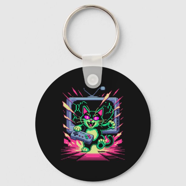 Pixel Rage Cat Retro Gamer Glitch In 8-bit Style  Key Ring (Front)