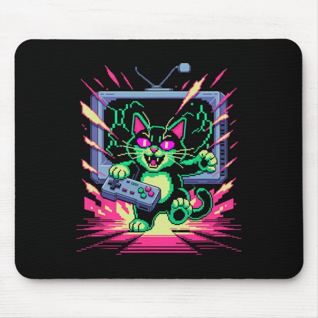 Pixel Rage Cat Retro Gamer Glitch In 8-bit Style  Mouse Mat (Front)