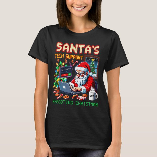 Pixel Rebooting Santa's Tech Support T-Shirt (Front)