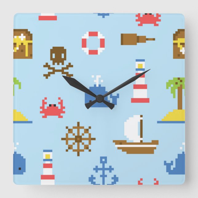 Pixel Sea Art Pattern Square Wall Clock (Front)