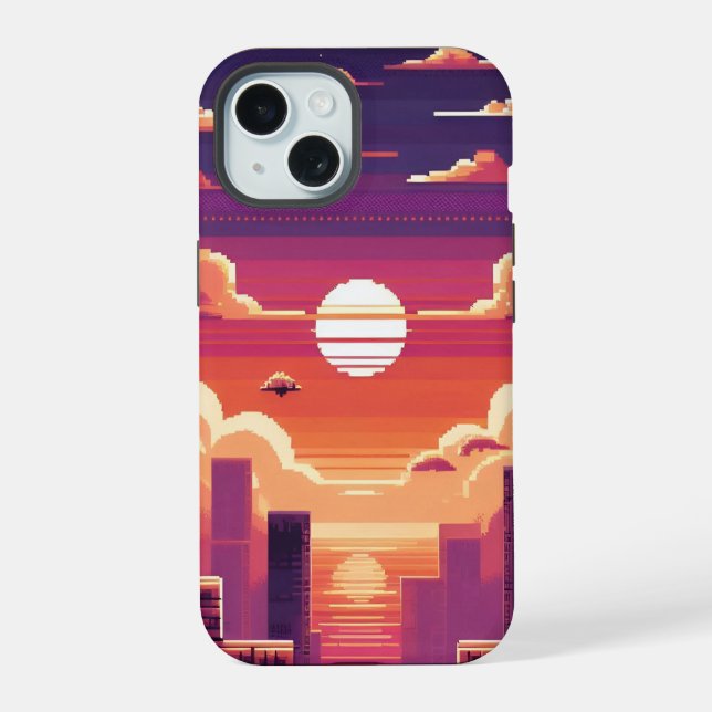 Pixel Sunset City iPhone 15 Case (Back)