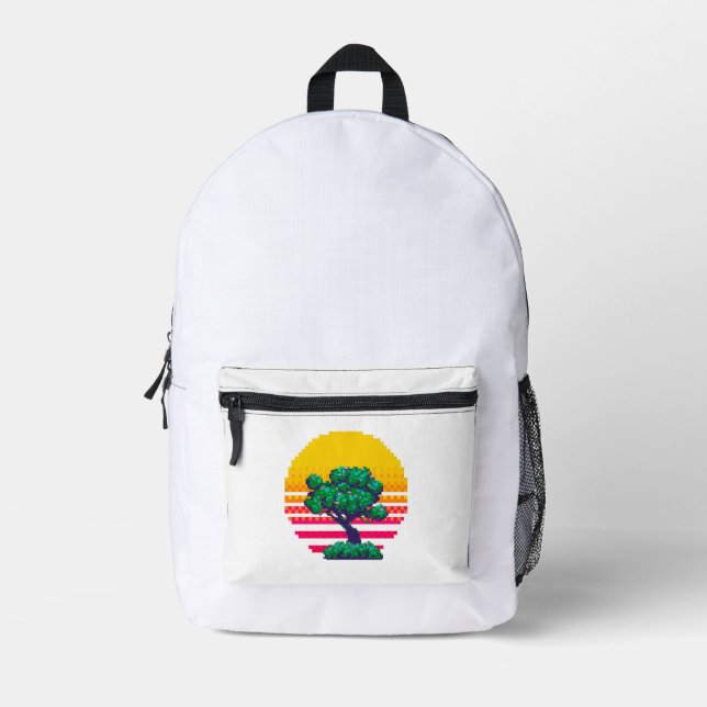 Pixel Sunset Tree Adventure Printed Backpack (Front)