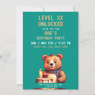 Pixel Teal & Brown Bear Character Gamer Birthday Invitation