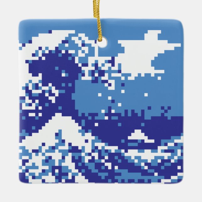 Pixel Tsunami Blue 8 Bit Pixel Art Ceramic Ornament (Front)