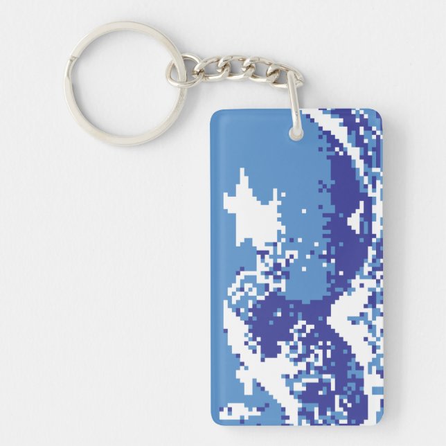 Pixel Tsunami Blue 8 Bit Pixel Art Key Ring (Front)