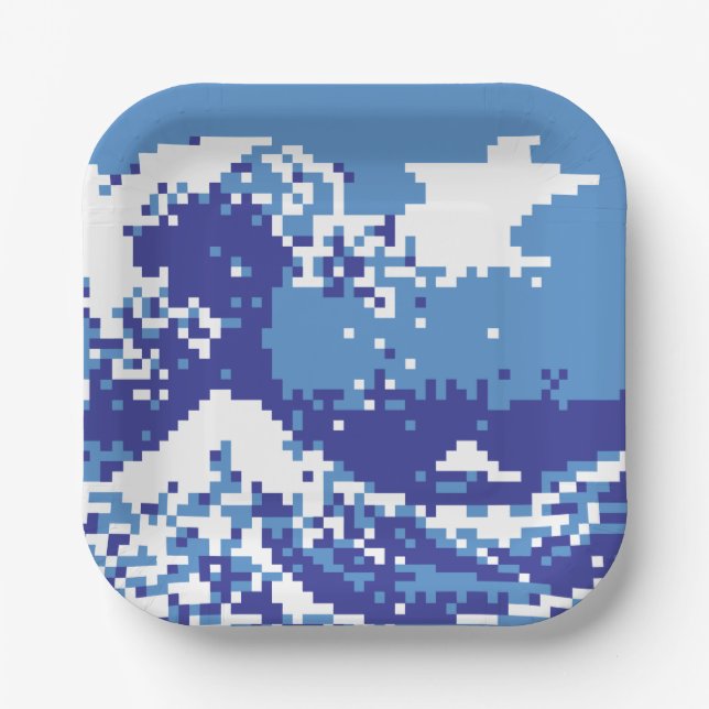 Pixel Tsunami Blue 8 Bit Pixel Art Paper Plate (Front)