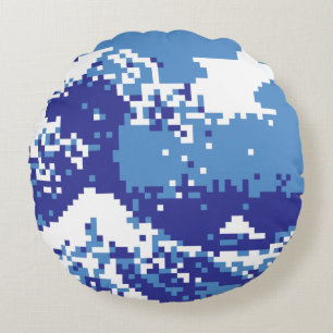 Pixel Tsunami Blue 8 Bit Pixel Art Round Cushion