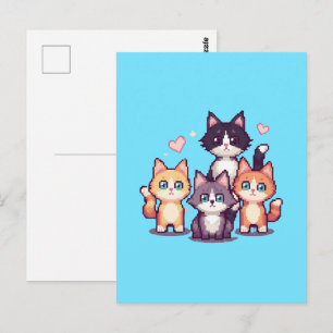 Pixelated Colorful Kitties Green Postcard