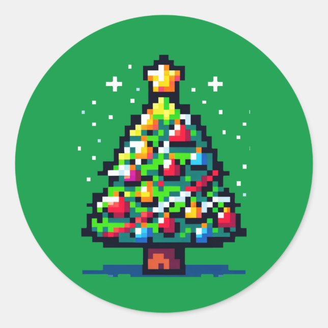 Pixelated Festivity: 8-Bit Christmas Tree Design Classic Round Sticker (Front)
