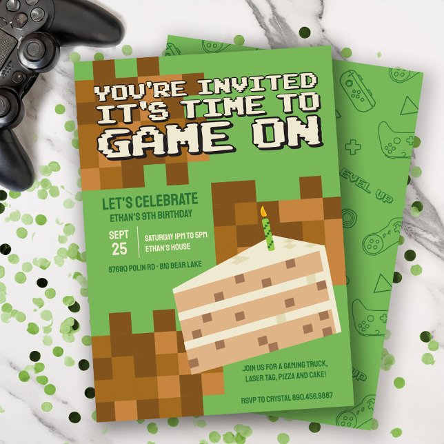 Pixelated Gamer Cake Kids Birthday Invitation (Creator Uploaded)