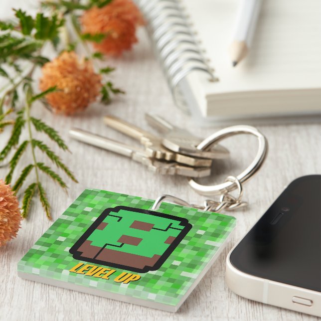 Pixelated Gamer Green Building Level Up 8 Key Ring (Front Right)