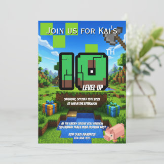 Pixelated Gamer Green Level Up 10th Birthday Invitation