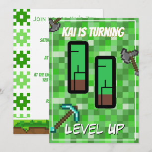 Pixelated Gamer Green Level Up 11th Birthday Invitation