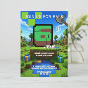 Pixelated Gamer Green Level Up 6th Birthday Invitation
