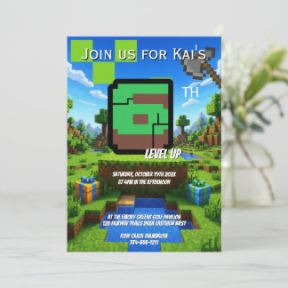 Pixelated Gamer Green Level Up 6th Birthday Invitation