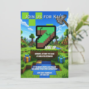 Pixelated Gamer Green Level Up 7th Birthday Invitation