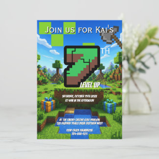 Pixelated Gamer Green Level Up 7th Birthday Invitation