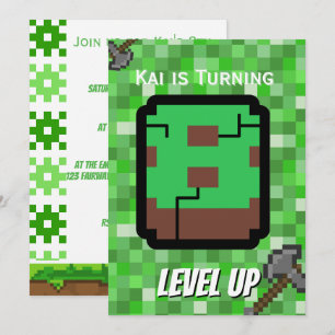 Pixelated Gamer Green Level Up 8th Birthday Invitation