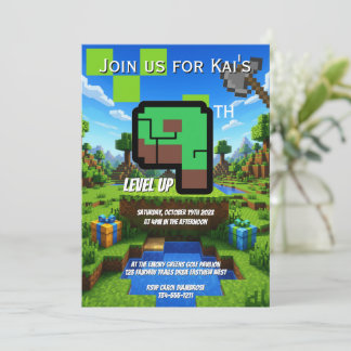 Pixelated Gamer Green Level Up 9th Birthday Invitation