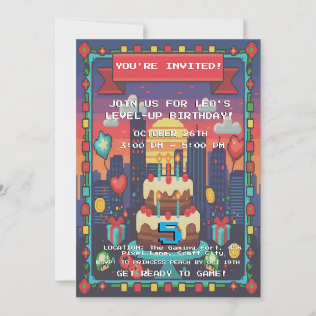 Pixelated gamer Level-Up Birthday Invitation (Front)