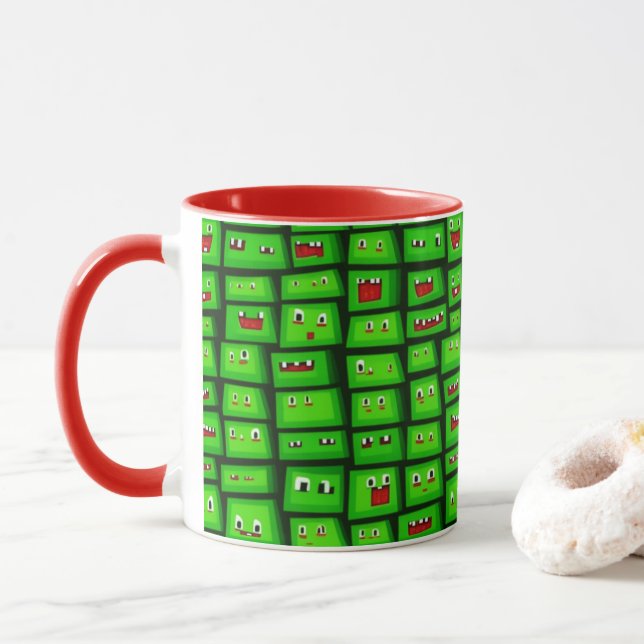 Pixelated Green Faces Pattern Mug (With Donut)
