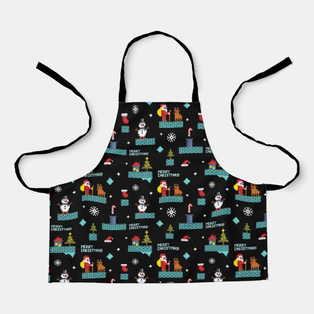 Pixelated Merry Christmas Pattern - Retro Design Apron (Front)