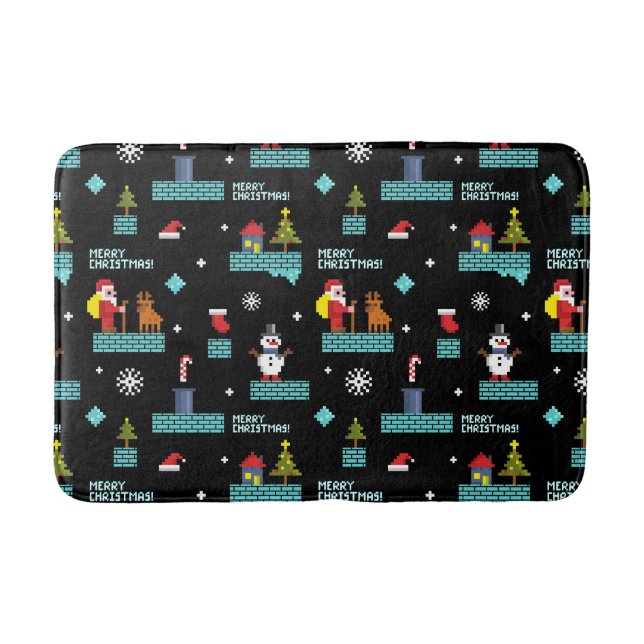 Pixelated Merry Christmas Pattern - Retro Design Bath Mat (Front)