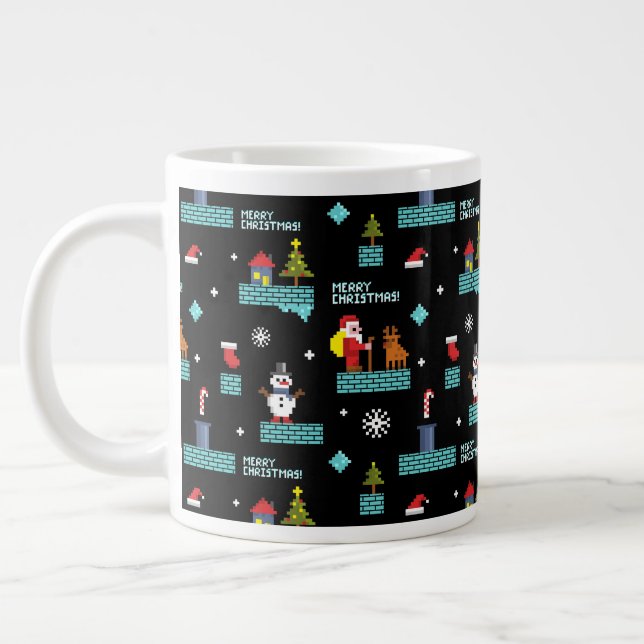 Pixelated Merry Christmas Pattern - Retro Design Large Coffee Mug (Left)