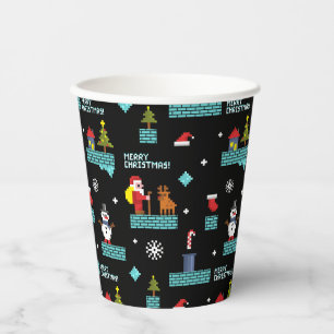Pixelated Merry Christmas Pattern - Retro Design Paper Cups