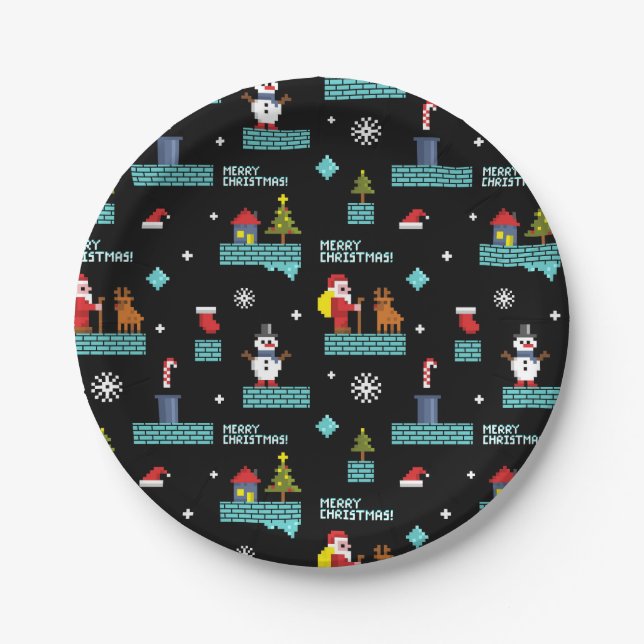 Pixelated Merry Christmas Pattern - Retro Design Paper Plate (Front)