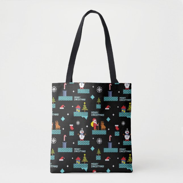 Pixelated Merry Christmas Pattern - Retro Design Tote Bag (Front)