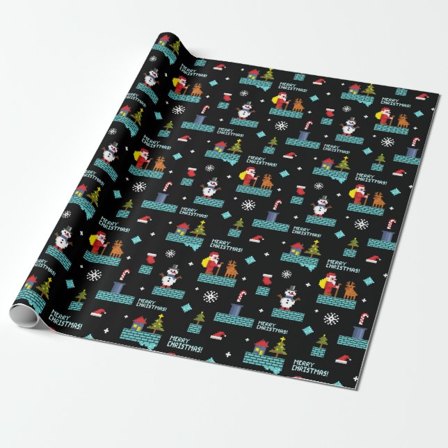 Pixelated Merry Christmas Pattern - Retro Design Wrapping Paper (Unrolled)