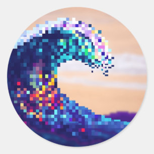 Pixelated Ocean Wave Artwork Classic Round Sticker