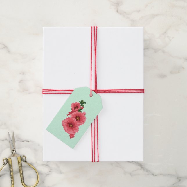 Pixelated Pink Hollyhock Flower Gift Tags (With Twine)