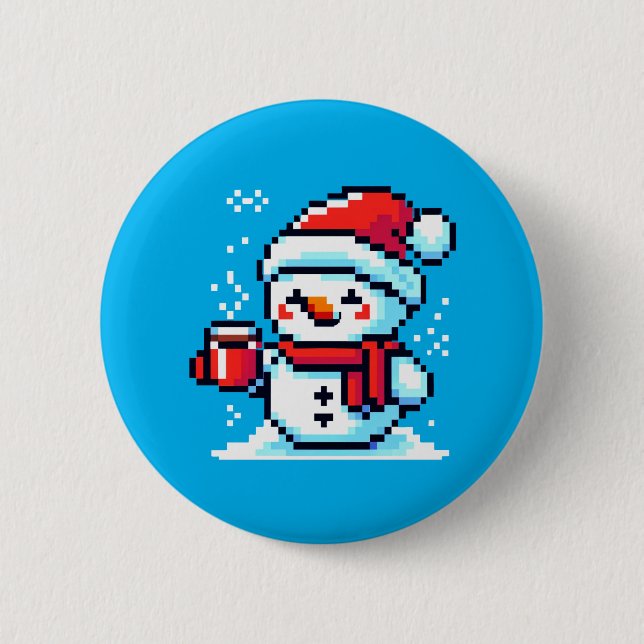 Pixelated Snowman with Coffee - Winter Holiday Art 6 Cm Round Badge (Front)