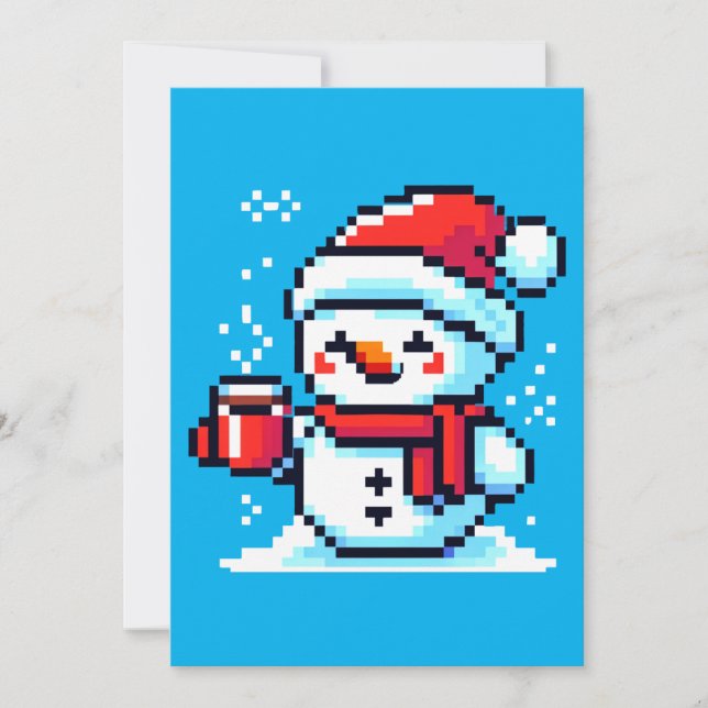 Pixelated Snowman with Coffee - Winter Holiday Art Card (Front)