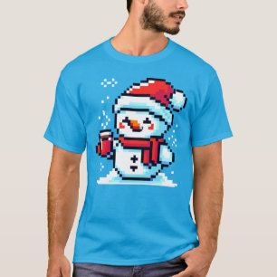 Pixelated Snowman with Coffee - Winter Holiday Art T-Shirt