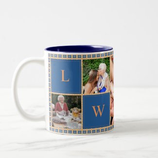 Pixelated Squares in blu and orange. Family photo Two-Tone Coffee Mug