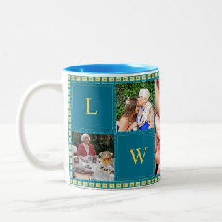 Pixelated Squares in blue. Family photo Two-Tone Coffee Mug